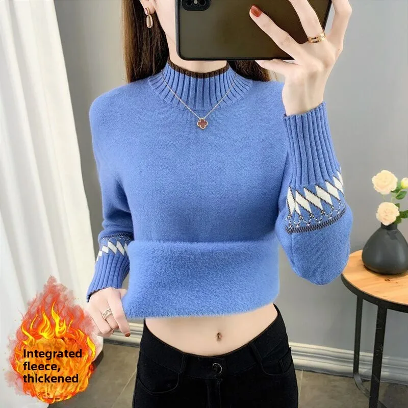 

Элитный трикотажный свитер с начесом, облегающий, женский базовый слой, осень-зима, без катышков, с высоким воротником, длинный рукав, стандартный крой