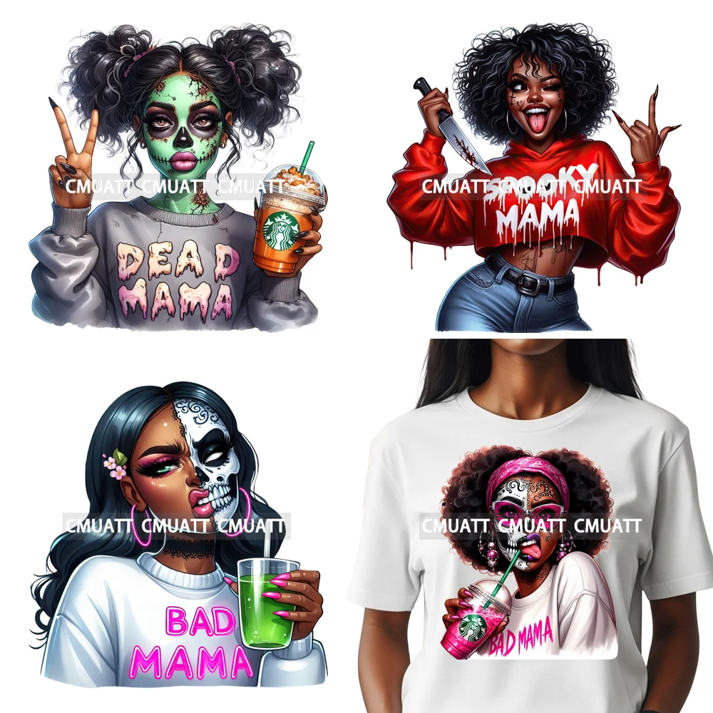 

Spooky Mama Halloween Horror Movie Coffee Lover Afro Women Iron on Washable DTF Transfers Stickers Ready to Press for Hoodies