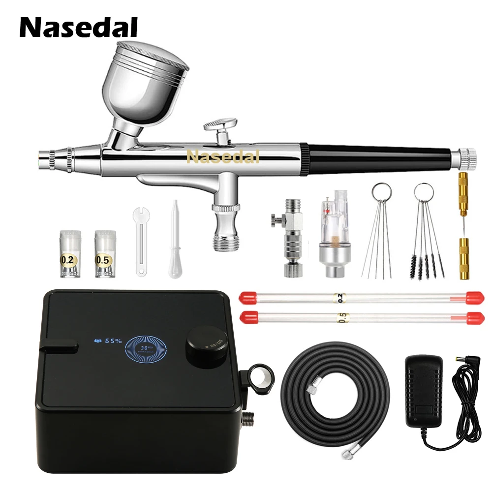 

Nasedal Airbrush Compressor Kit New LED 36PSI Air Compressor 0.3mm Air Brush for Model Paint Nail Makeup Cake DIY Spray Tool