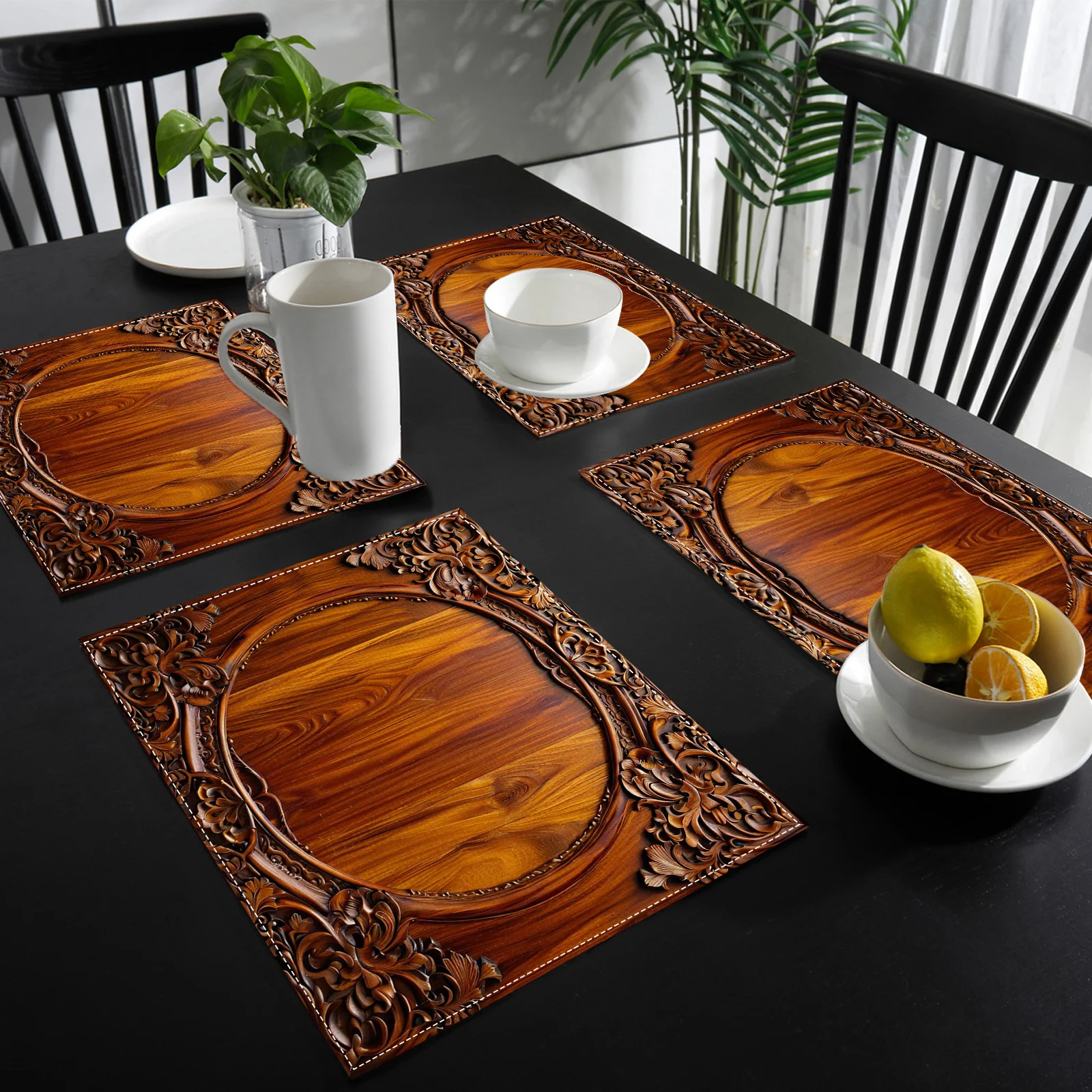 VIKAMA Wood Carved Frame Square Placemat Non Slip Waterproof Heat Resistant Dining Table Mat for Holiday Party Decor