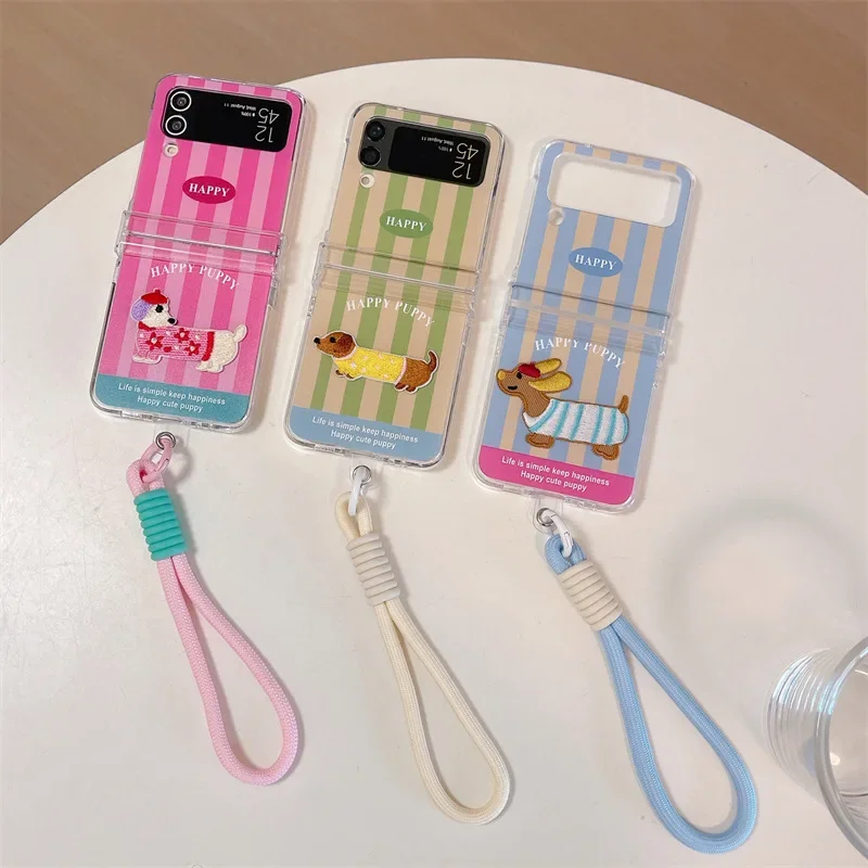 

Cute Colorful Puppy Rope Pendant Phone Case for Samsung Galaxy Z Flip 3 4 5 6 Hard PC Back Cover for ZFlip5 ZFlip6 Case Shell
