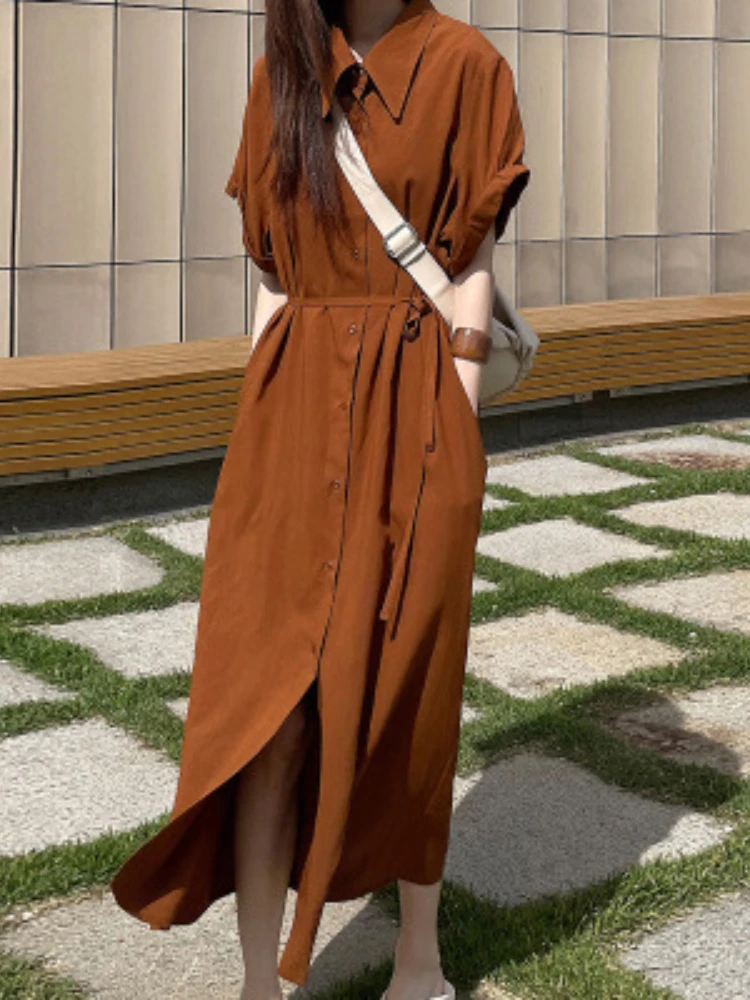 Long Dress Women Shirt Dresses Turn Down Collar Vestidos Streetwear Short Sleeve Elegant Maxi Y2k Lace Up High Waist 2025