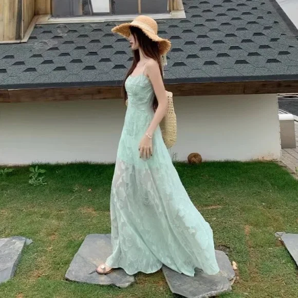 2025年新作夏スタイル フレンチフレッシュ＆スイート サスペンダードレス レディース 海辺のバカンスウェア ウエストミディ丈スカート