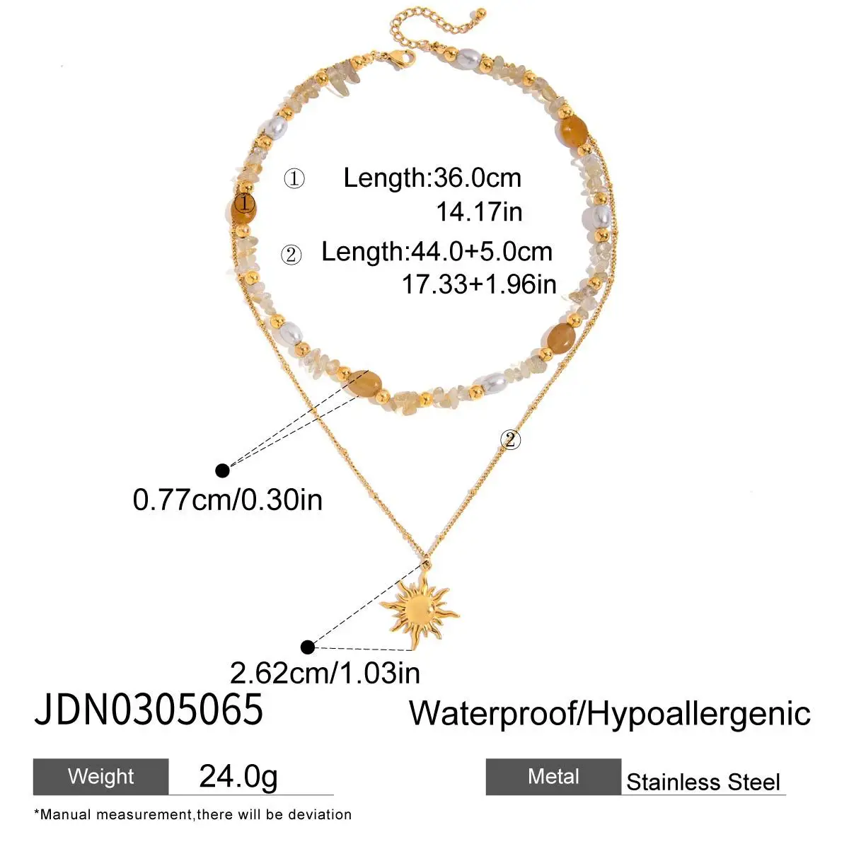 Bohemian Vacation Double Layer Necklace 18K Gold Plated Stainless Steel with Natural Stones Sun Pendant for Beach Glam Jewelry​
