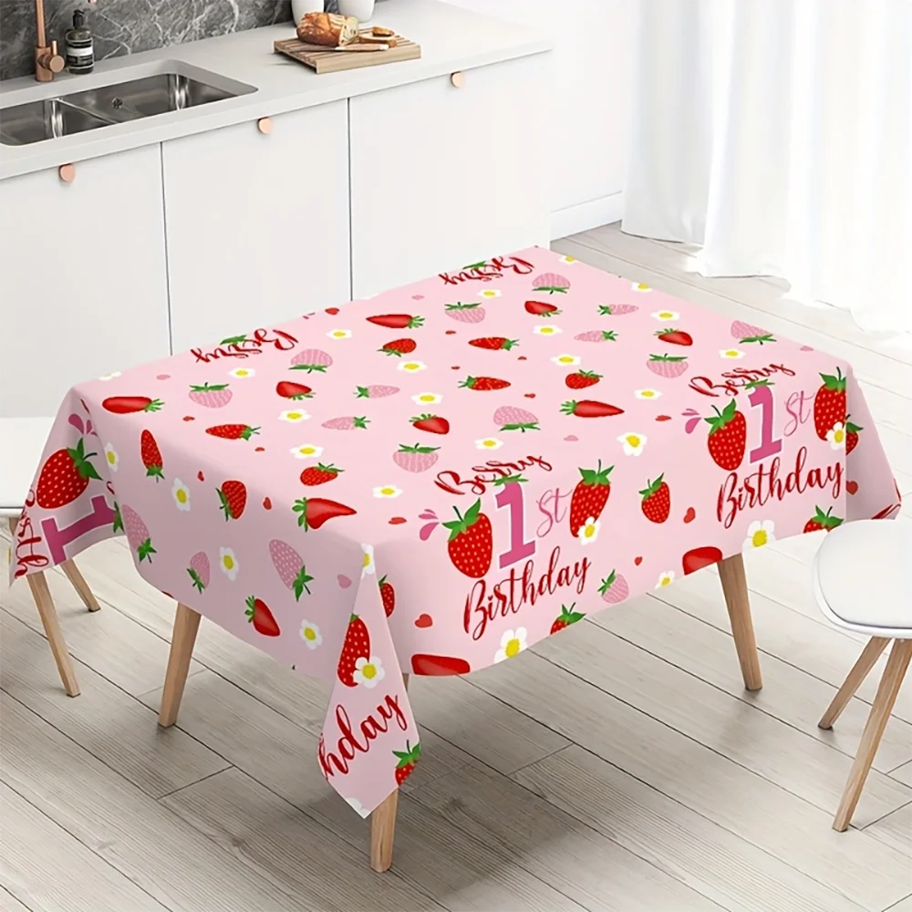 1pc  Strawberry 1st Birthday Pink Tablecloth,  Disposable or Reusable Party Table Cover for First Birthday Decorations