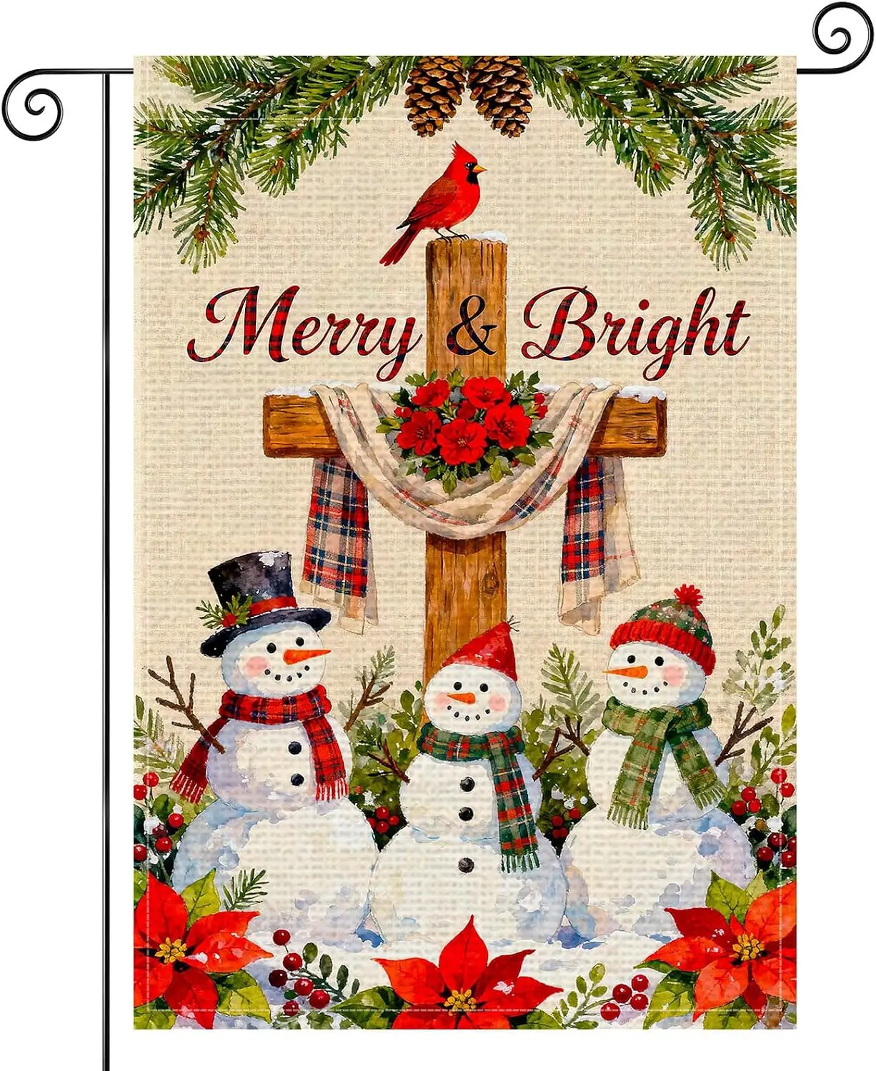 Merry Bright Cross Bird Snowman Garden Flag 12x18 Burlap