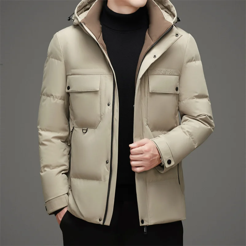 Winter Men Hooded Puffer Parkas Black Beige Khaki White Duck Down Basic Coat Hood Detachable Design Outerwear Thermal Jackets