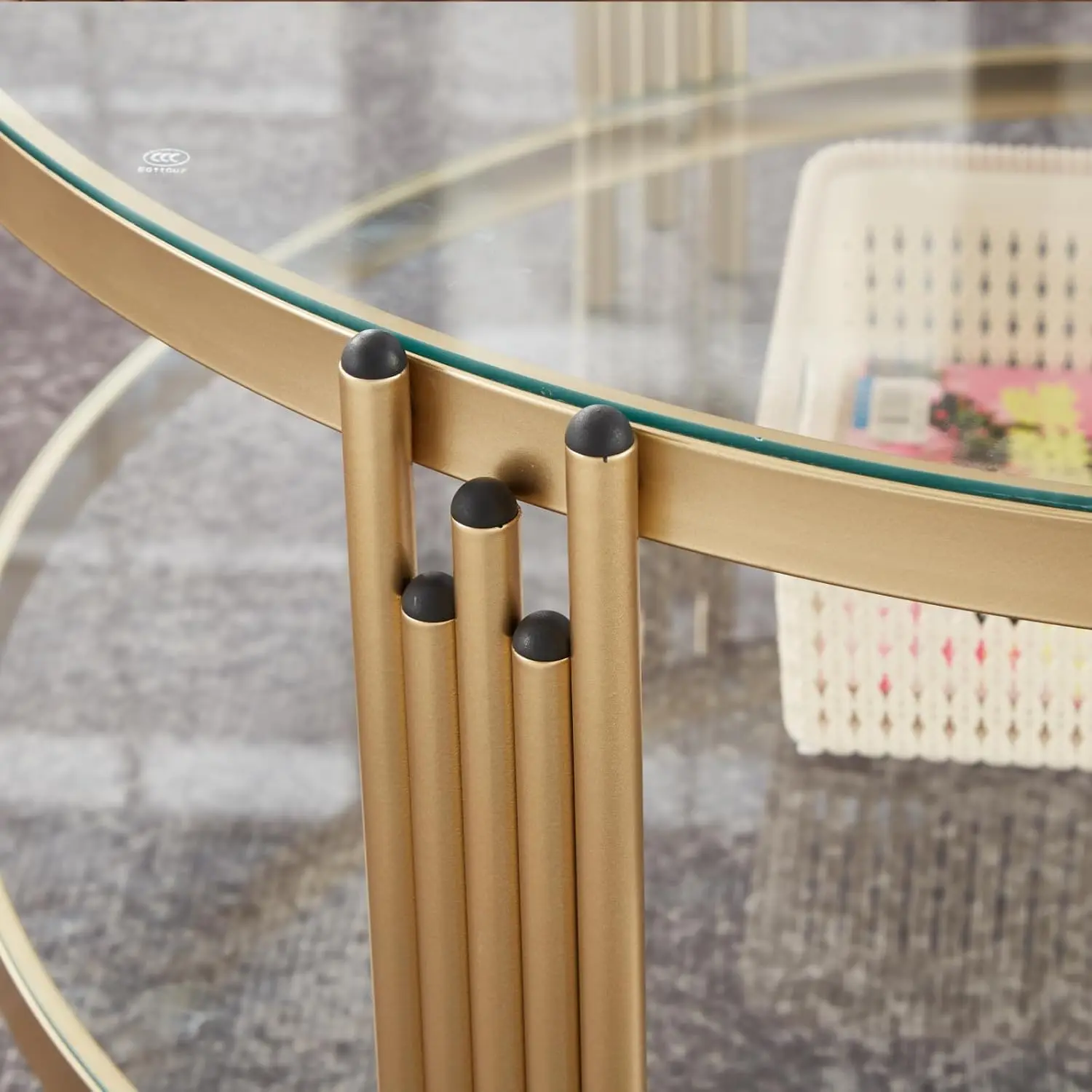 Gold Glass Coffee Table For Living Room, 36" Round Glass Coffee Table With Metal Frame, 2 Tier Circle Coffee Table For Home, Off