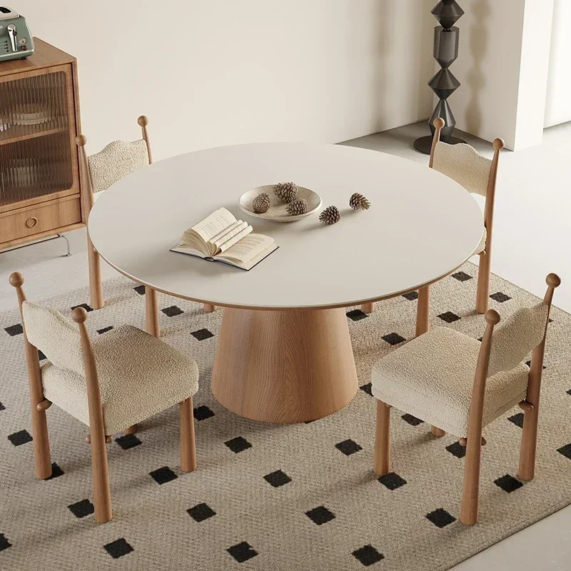 طاولة طعام مستديرة من الخشب الصلب والرخام من Qiji، مجموعة طاولات وكراسي لتناول الطعام على الطراز الكريمي #3