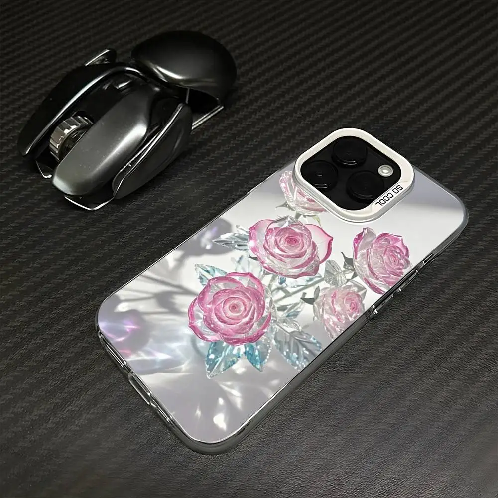 ファンシーでカラフルなガラス調ローズ柄iPhoneケース (iPhone 16、15、14、13、12、11、Mini、Pro、MAX対応) ホワイトマット耐衝撃カバー