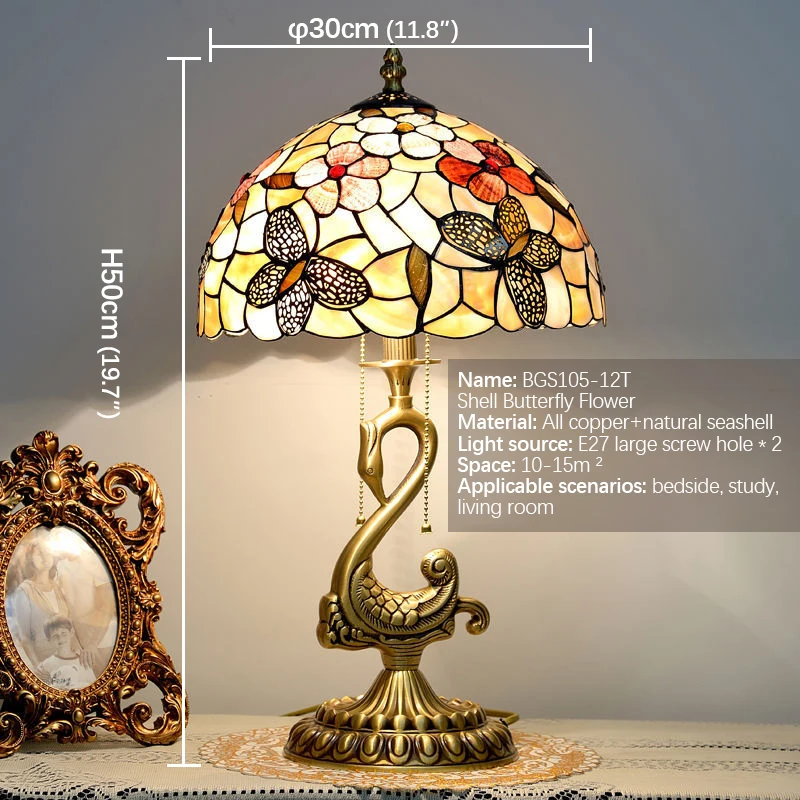 TEMOU  Modern Brass Table Lamp LED European Tiffany Shell Decor Retro Copper Desk Lights for Home Living Room Bedroom
