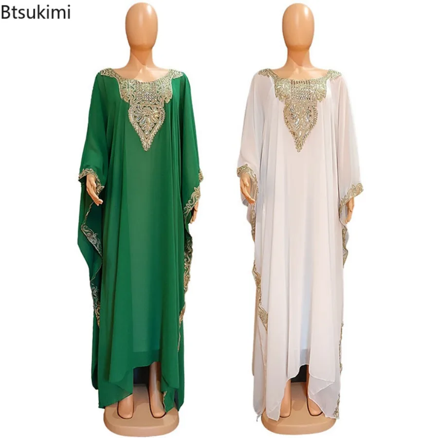 2024 Muslim Dress Sets Women Embroidered Abaya with Inner Dress 2 Piece Sets Fashion Elegant Ladies Chiffon African Maxi Dresses