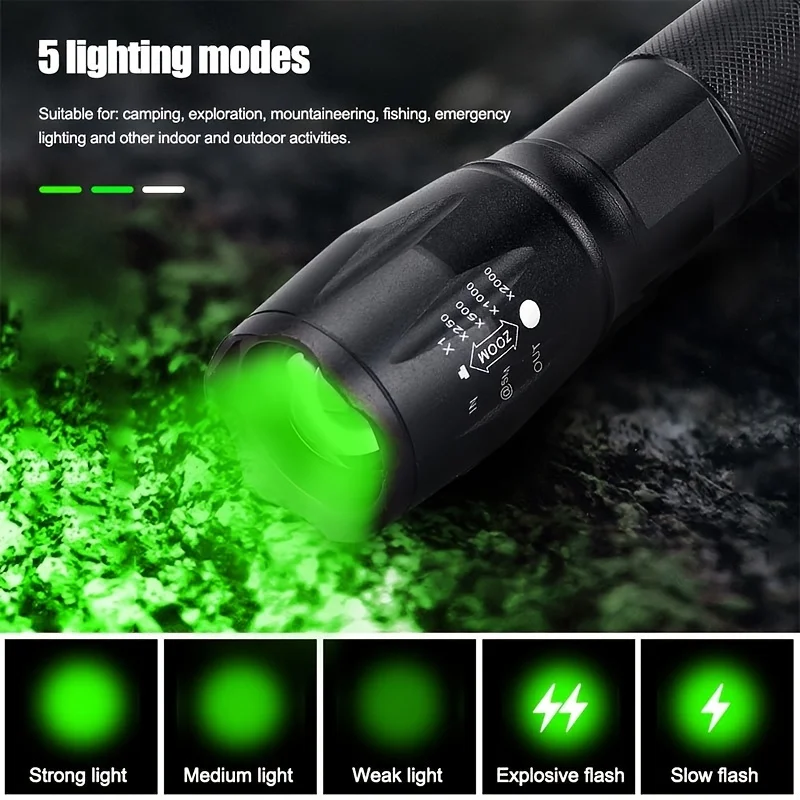 Powerful LED Flashlight Zoomable Adjustable Green Light for Night Hunting Fishing Camping Beekeeping