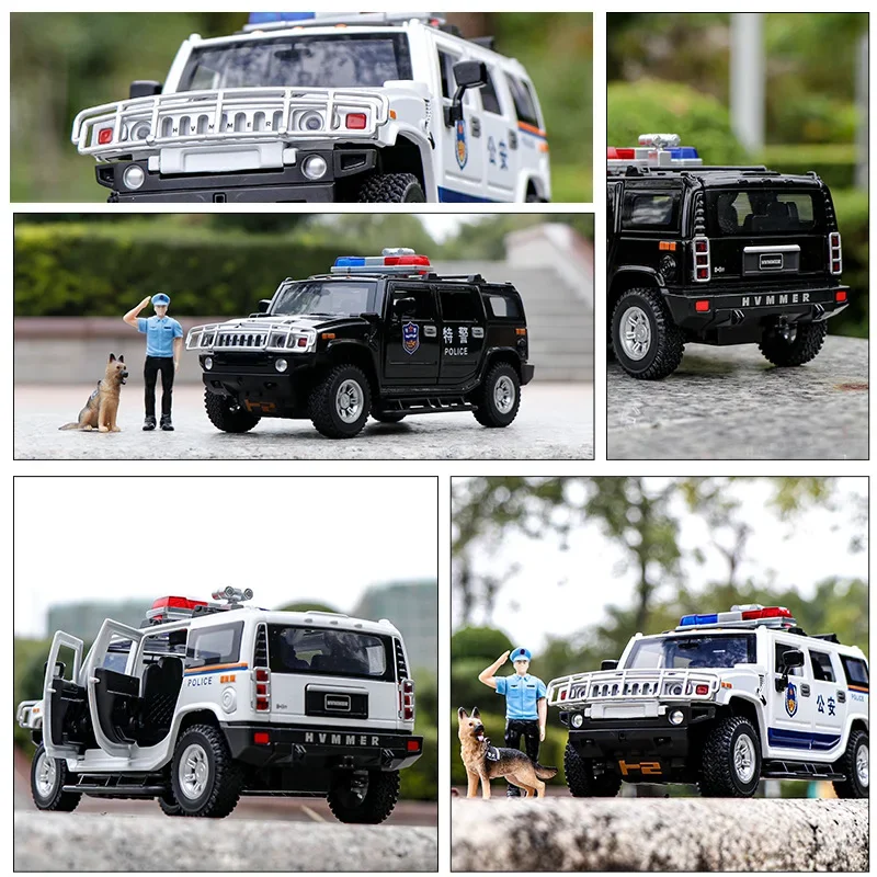 1:24 HUMMER H2 police car Off-road car Simulation Diecast Metal Alloy Model car Sound Light Pull Back Collection Kids Toy Gifts