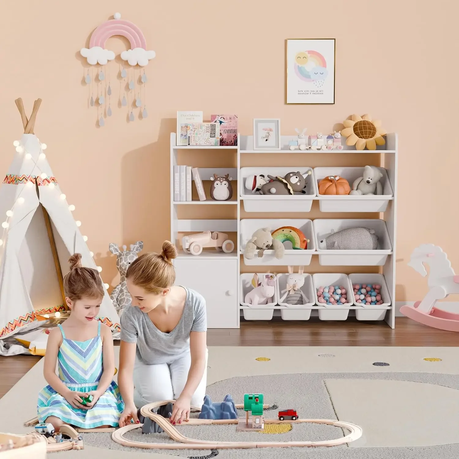 Organizador de armazenamento de brinquedos infantis, organizadores de brinquedos de 4 camadas com 8 caixas de armazenamento removíveis, estante infantil e armazenamento de brinquedos para estudo