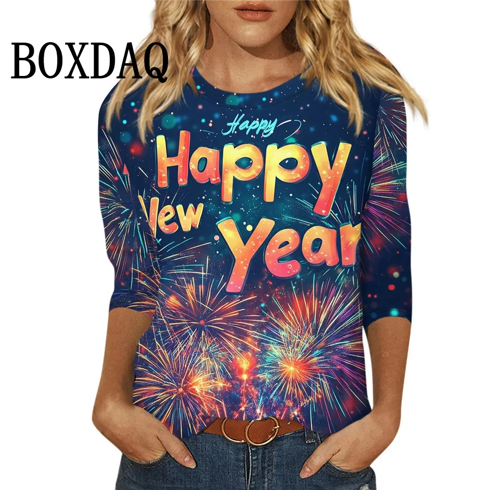 

Women Clothes Daily Casual Fashion Fireworks Pattern 3D Printed T Shirts Autumn Winter New Year Christmas Party Long Sleeve Tops