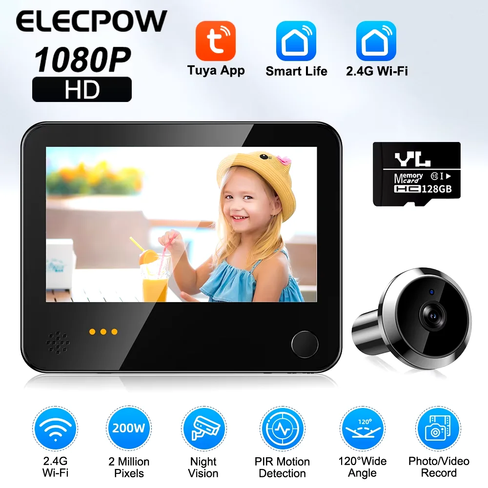 Elecpow 4.3 Inch Không Dây Tuya Wifi Nhìn Trộm Màu Chuông Cửa Camera 1080P Nhà Thông Minh 170 ° Đêm Cảm Biến Chuyển Động Phát Hiện Video chuông Cửa