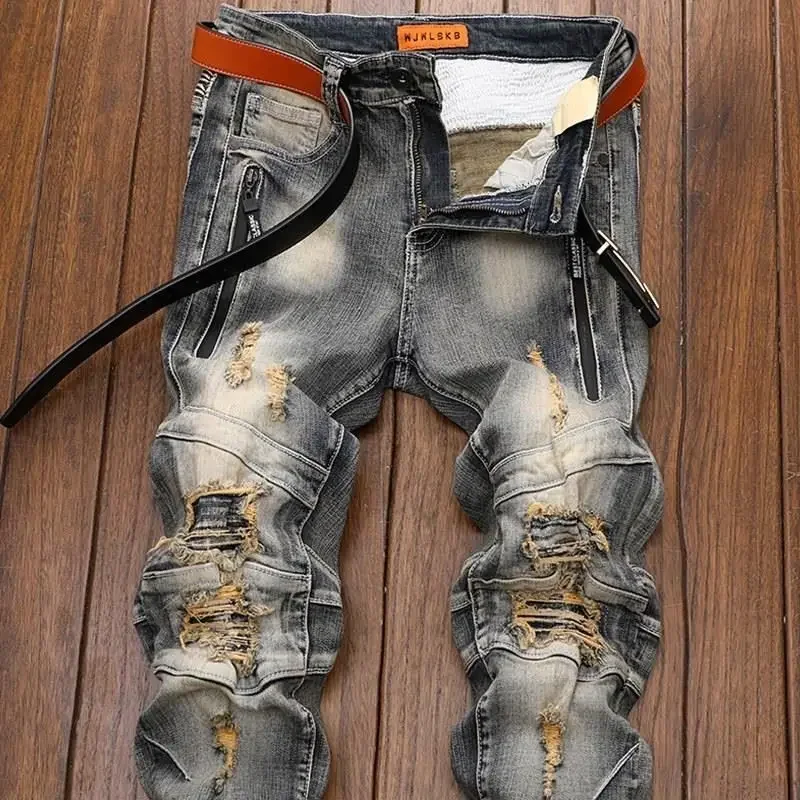 

Pop Luxury Men's Classic Jeans Straight Pants Autumn And Winter Retro Ripped Hole Denim Trousers Motorcycle Work Pants For M