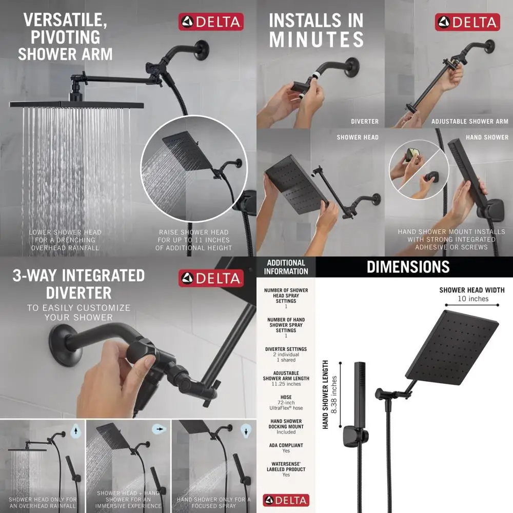 

Modern Matte Black Rain Shower Head Combo with Hand Shower, Adjustable Arm, Touch-Clean Nozzles, 1.75 GPM