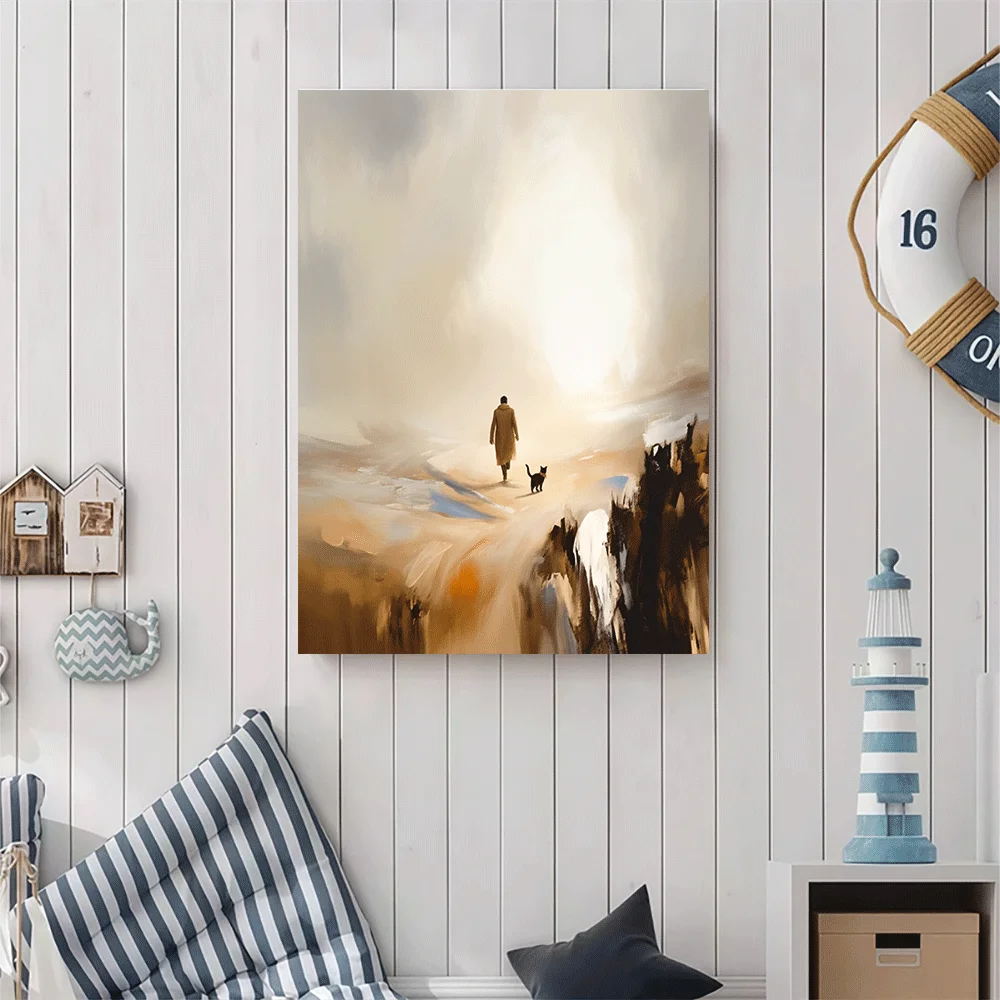 1PC-Unframed Canvas poster wall decoration  Man and Cat Walking on Cliff Edge Sunset Landscape Art Print