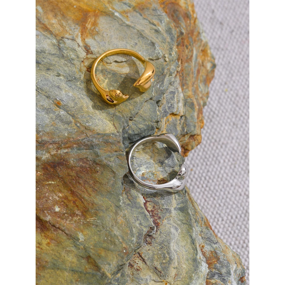 Yhpup Minimalist Stainless Steel Metal Heart Adjustable Open Ring Waterproof Texture Charm Romantic Jewelry Wholesale
