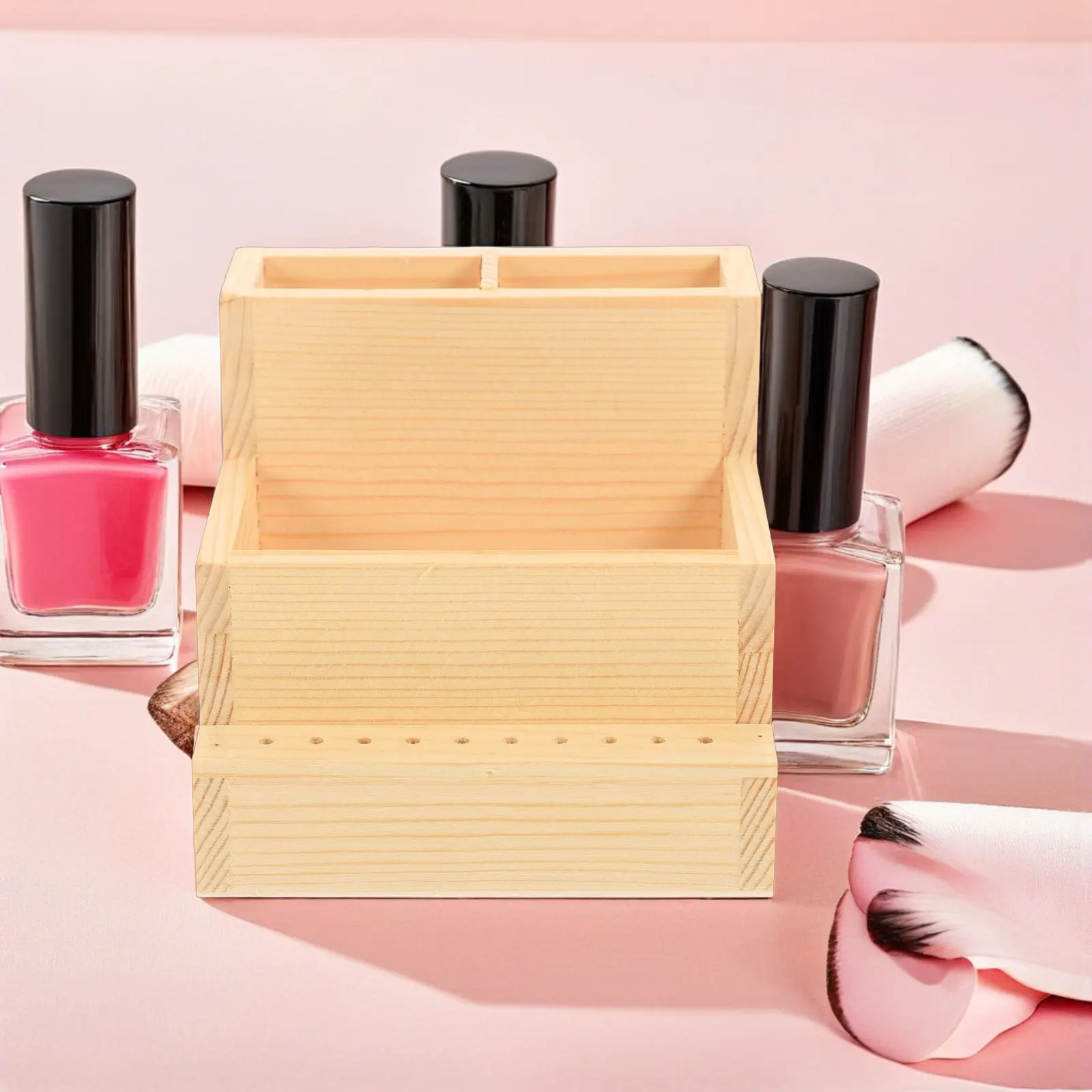 

2Pcs Natural Wood Manicure Tool Storage Box Double Layer Nail Accessories Organizer for Nail Drill Bits Grinding Heads Portable