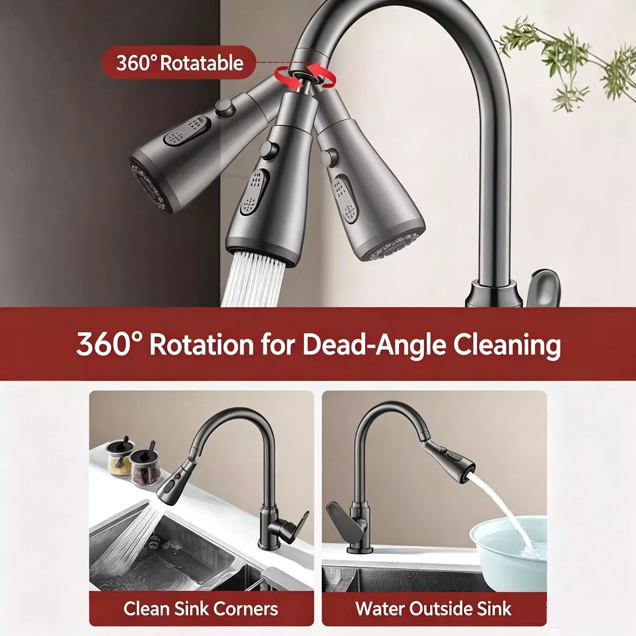 360 Rotate Kitchen Faucet Universal  3 In 1 Extender Pull Out Kitchen Tap Multi-mode Strong Flushing Booster Kitchen Accessorie