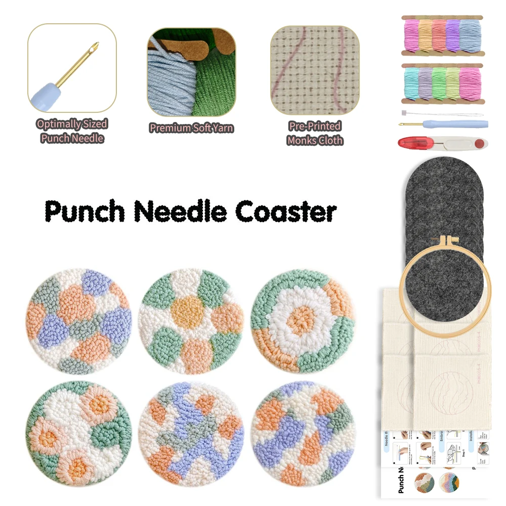 

Flower Punch Needle Coaster Kit 6 Pcs Crafts Punch Needle Coasters Kits for Beginners, Flower Pattern Coaster Tufted Rug Pads