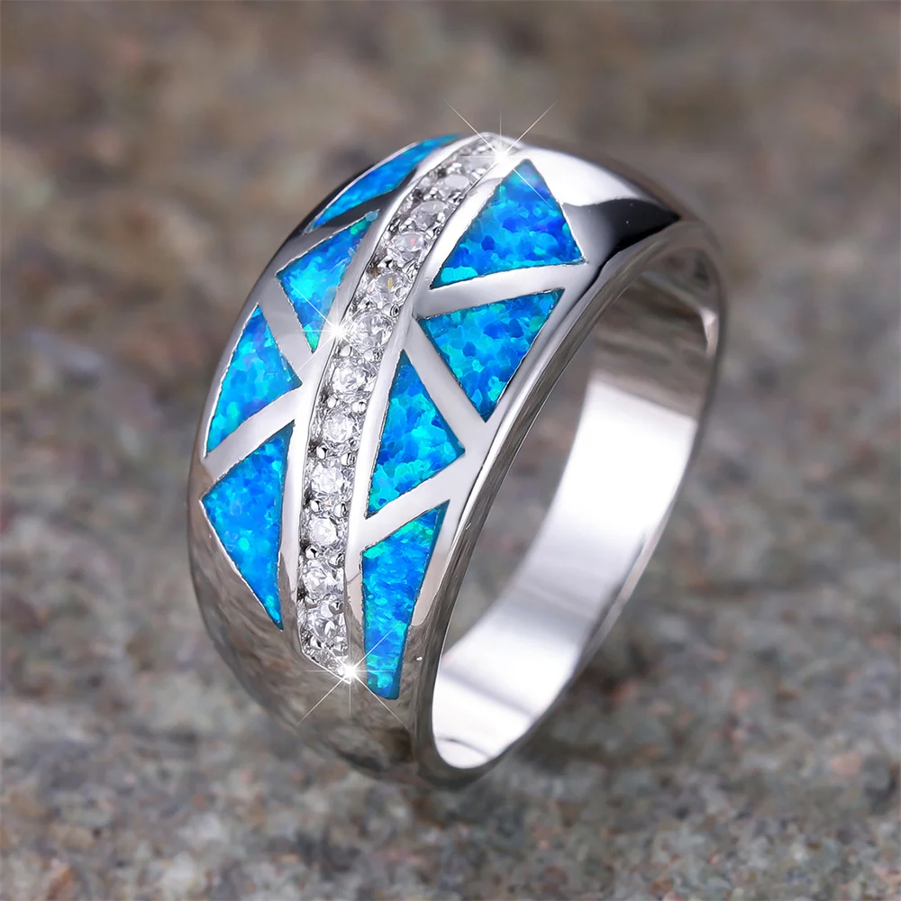 Geometric Stone Blue Opal White Small Zircon Rings For Women Vintage Silver Color Wedding Band Engagement Jewelry Couples Gifts