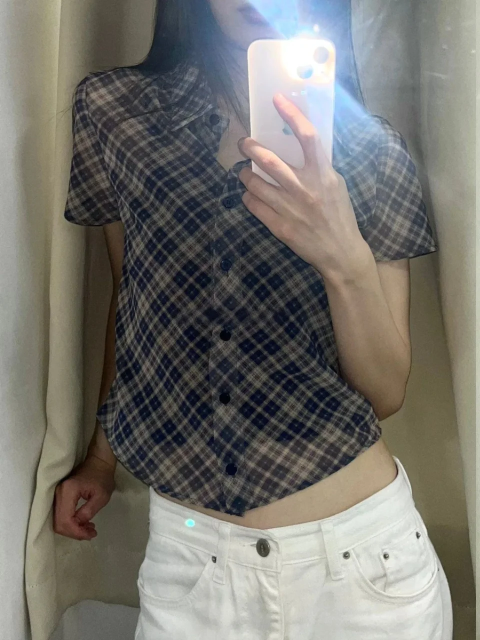 

Unique SEI American British Campus Style Short Sleeve Micro See-through Slim Fit Chiffon Shirt Korean Commute Pattern Women's...