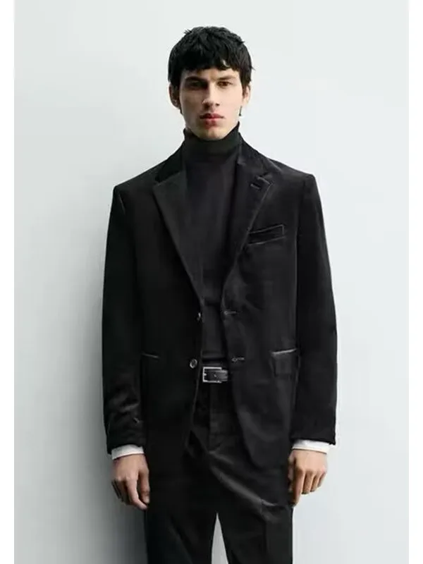 

Casual Cotton Velvet Men's Suit Jaet Spring Autumn Loose Fit Two Button Sle Youth ular Faion Long Sve Color