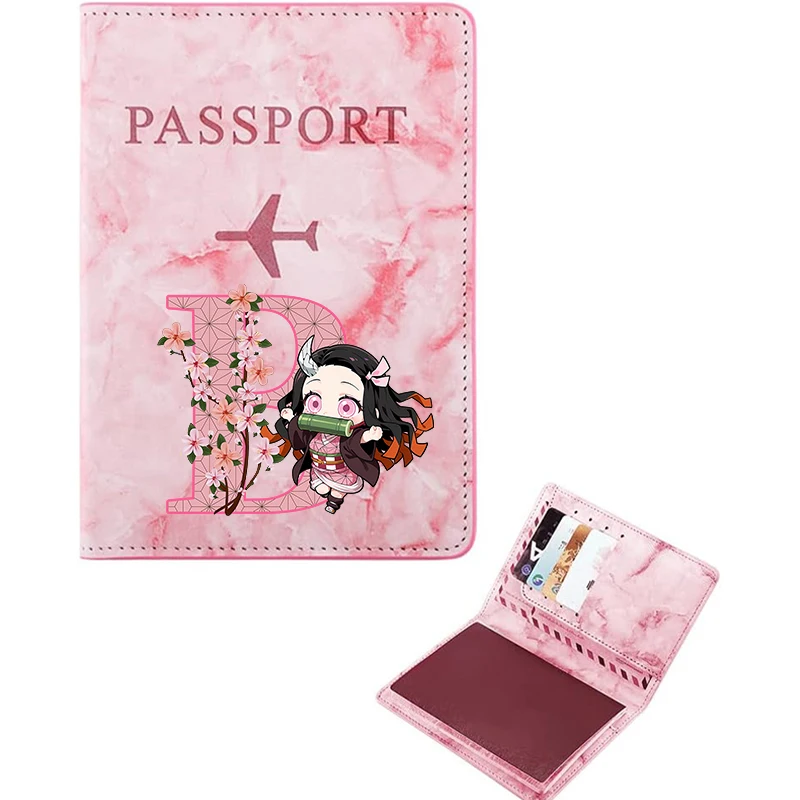 Demon Slayer Passport Covers Women Ultra-thin Document Holder Kawaii Anime Letter A-Z Travel Passport Holder ID Card Covers Gift