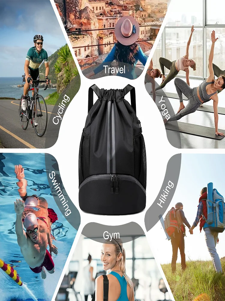 Sac de basket-ball, sac de natation, sac de rangement pour femme avec séparation sec/humide, sac à dos de sport, sac à dos à cordon pour entraînement et fitness