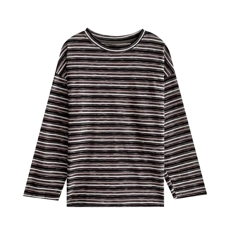 

College Style Contrast Color Stripe Round Neck Loose Lazy Wind Long Sleeve T-shirt