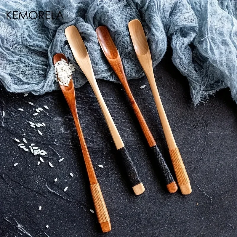 4PCS Japanese Style Wooden Spoon Mixing Rice Salad Spoon Long Handle Dessert Condiment Sugar Spoon Tableware Kitchen Tools