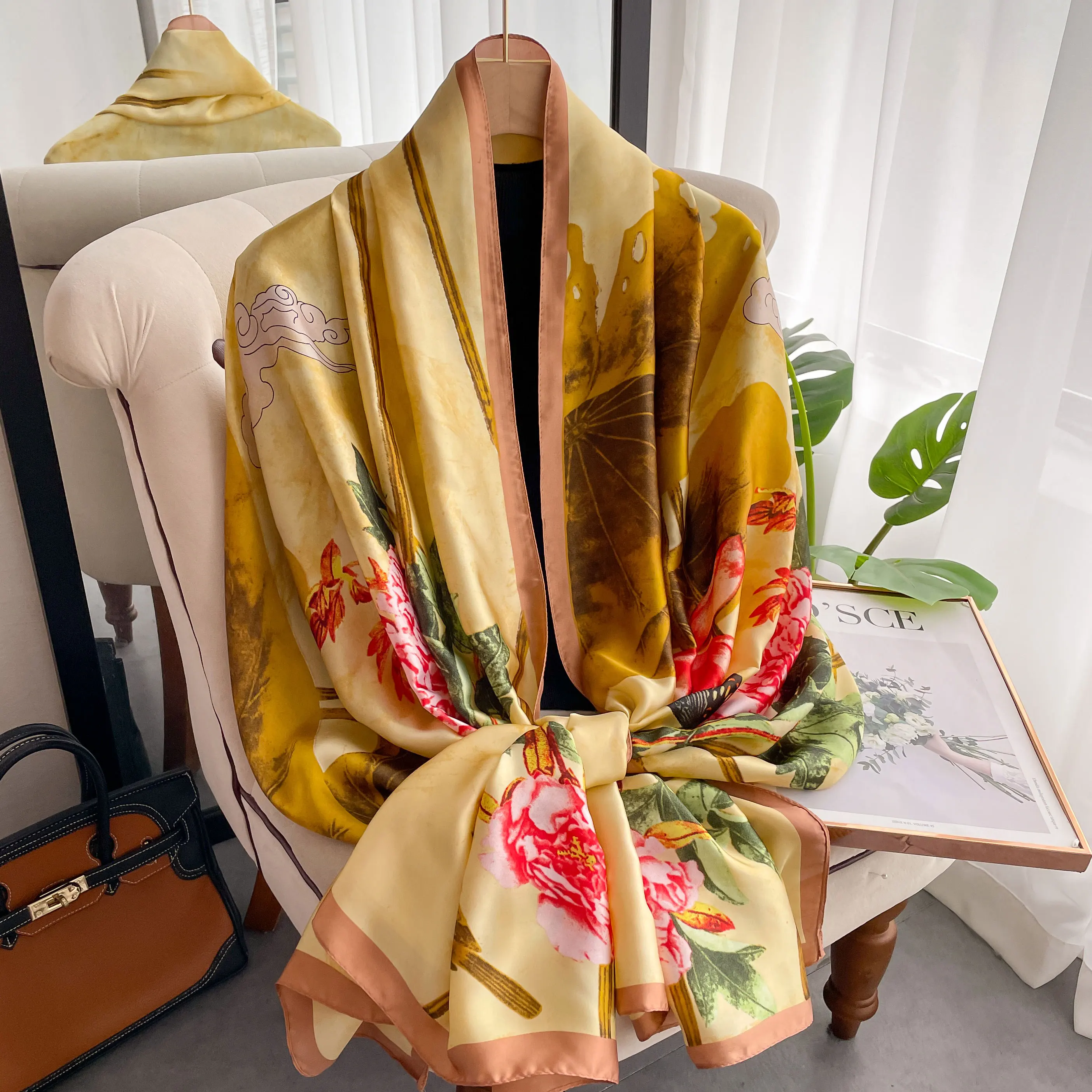 2024 Style 180*90CM Fashion Dustproof Big Bandanna Popular Satin Finish Silk Shawls Scarves Luxury Print Sunscreen Beach Towel