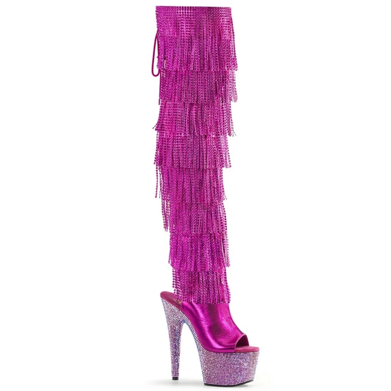 Gold Gothic Stripper Heels Over The Knee Boots 7Inch Fringe Rhinestone High Heels Exotic Dancer 17cm Over The Knee Boots Catwalk