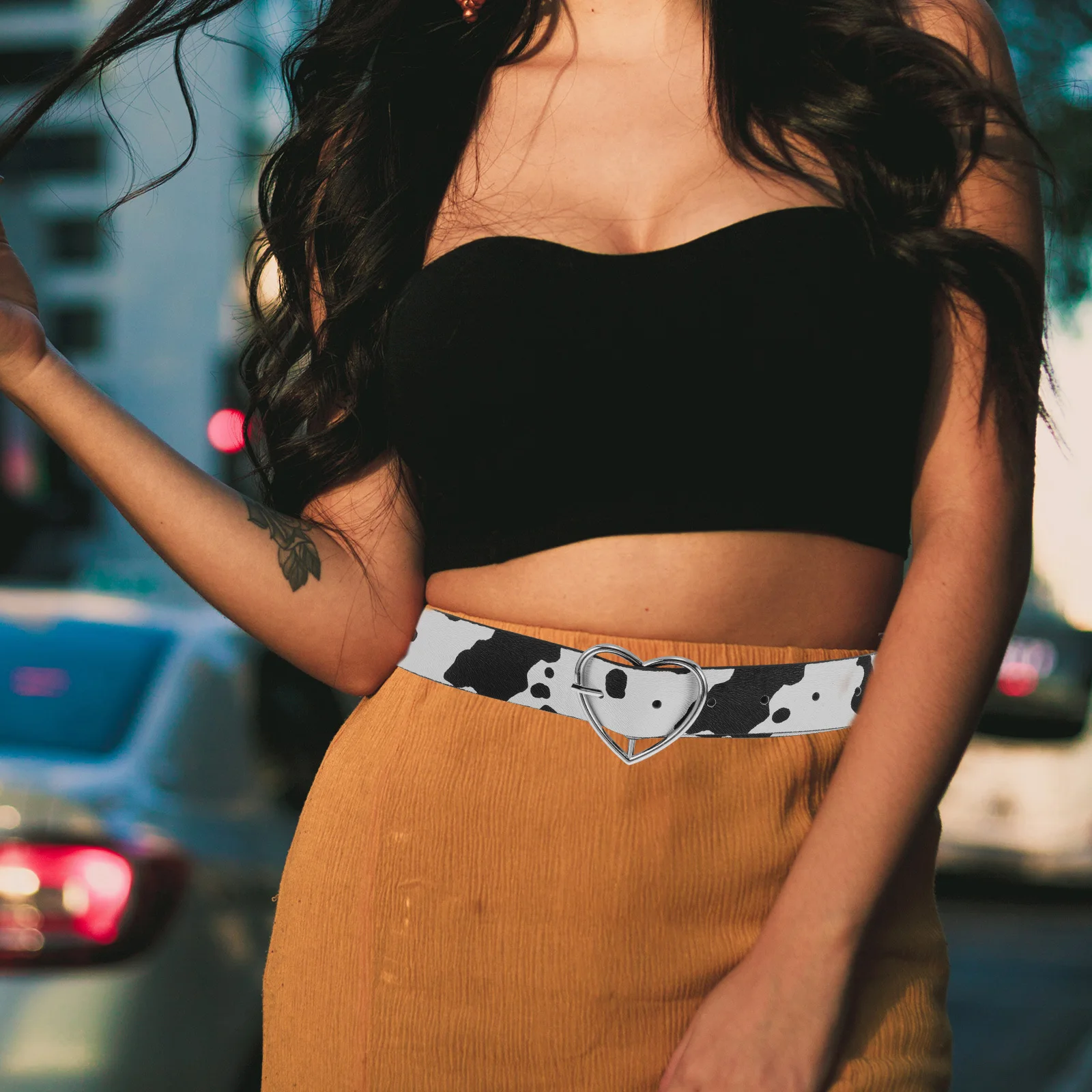 البقرة يطبع حزام القلب مشبك لينة بولي Material المواد قابل للتعديل طول العصرية الخصر التبعي النساء الجينز التنانير فساتين موضة الخصر #5