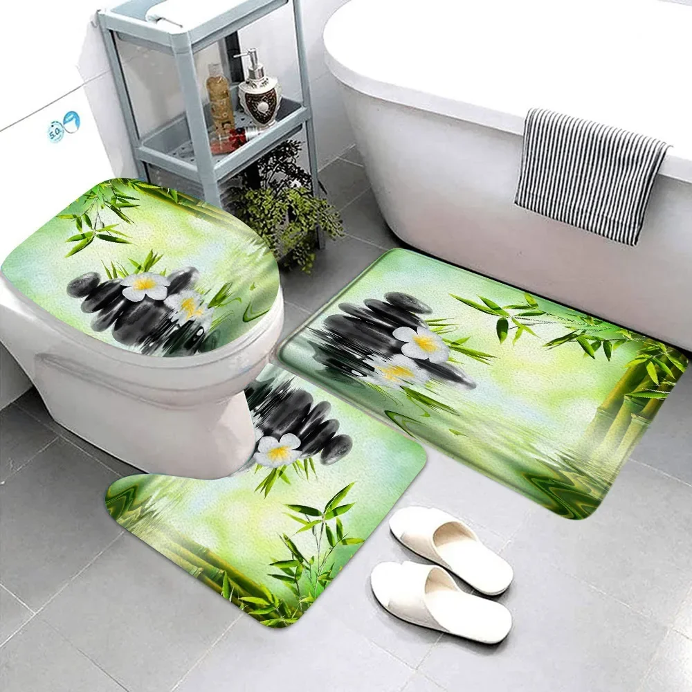 Zen Bathroom Rug Set Green Bamboo Meditation Black Pebbles Flowing Flannel Non-Slip Bath Mat Toilet Mat Toilet Decor Carpet Set