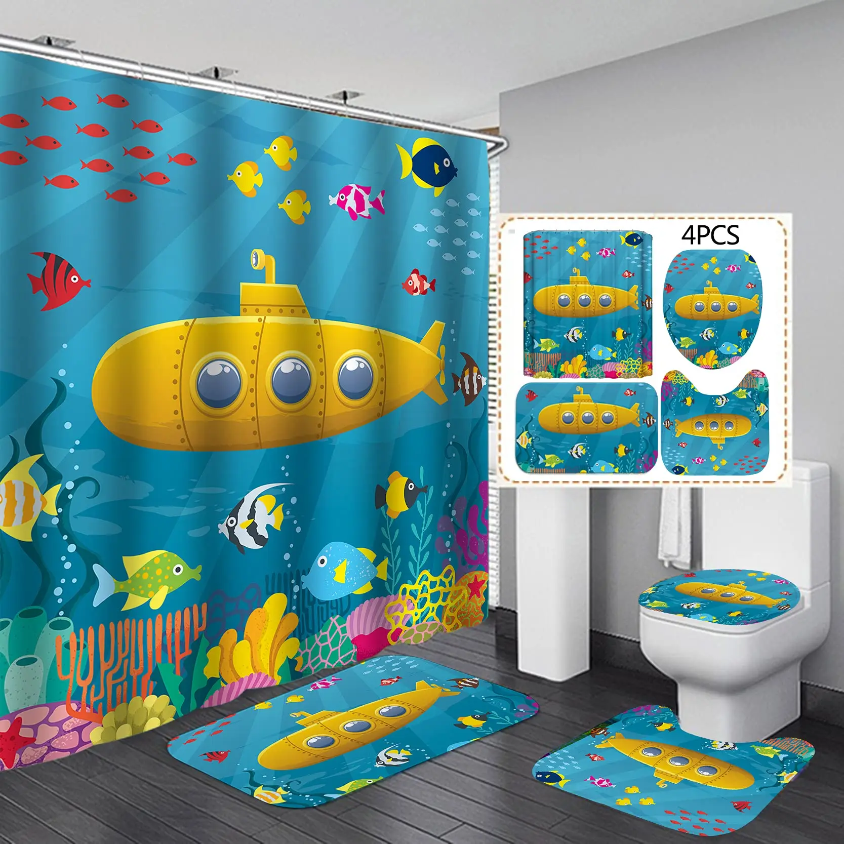 

Tropical Ocean Shower Curtain Sets Rugs Toilet Lid Cover Bath Mat Cartoon Submarine Sea Fish Nautical Underwater World for Kids