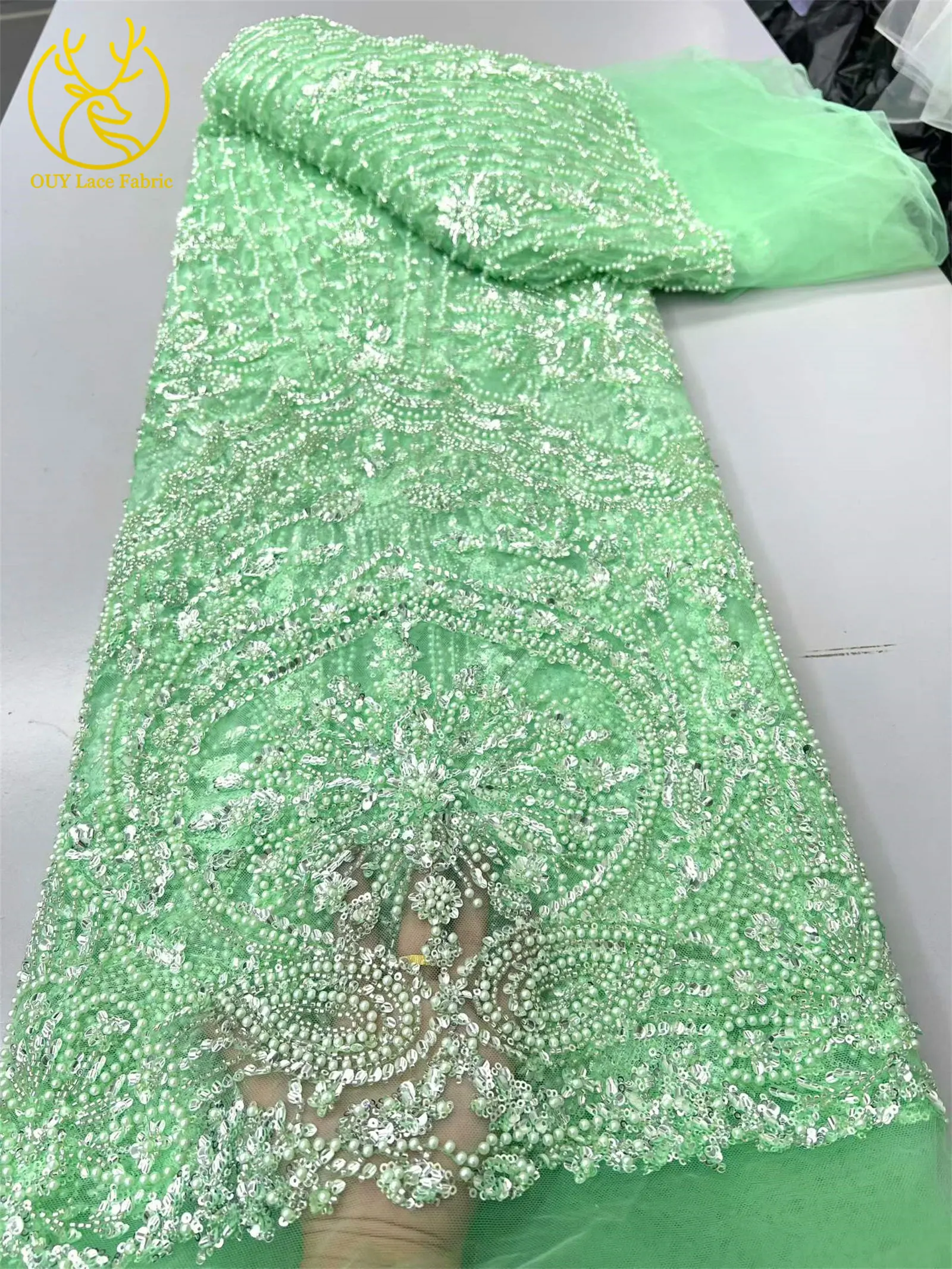 Blaues Neues Afrikanisches Bräutigam-Spitzenstoff-Design mit Perlen und Stickerei, 5 Meter Hochwertiger Nigerianischer Pailletten-Spitzenstoff für Hochzeitskleider – Detail 10