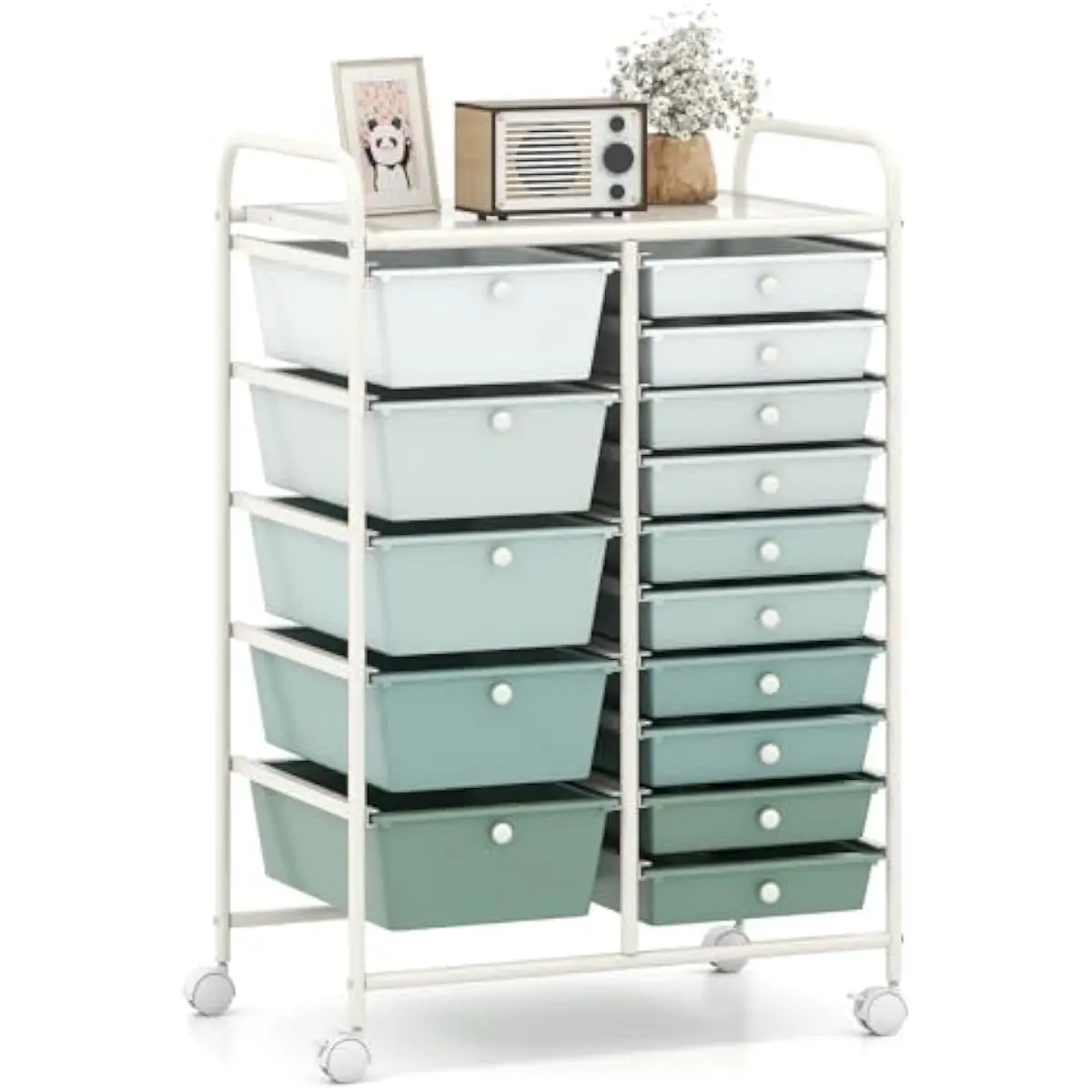 15-Drawer Mobile Storage Trolley with Smooth-Gliding Casters and Locking Brakes • Heavy-Duty Metal Frame • 5 Large + 10 Medium R