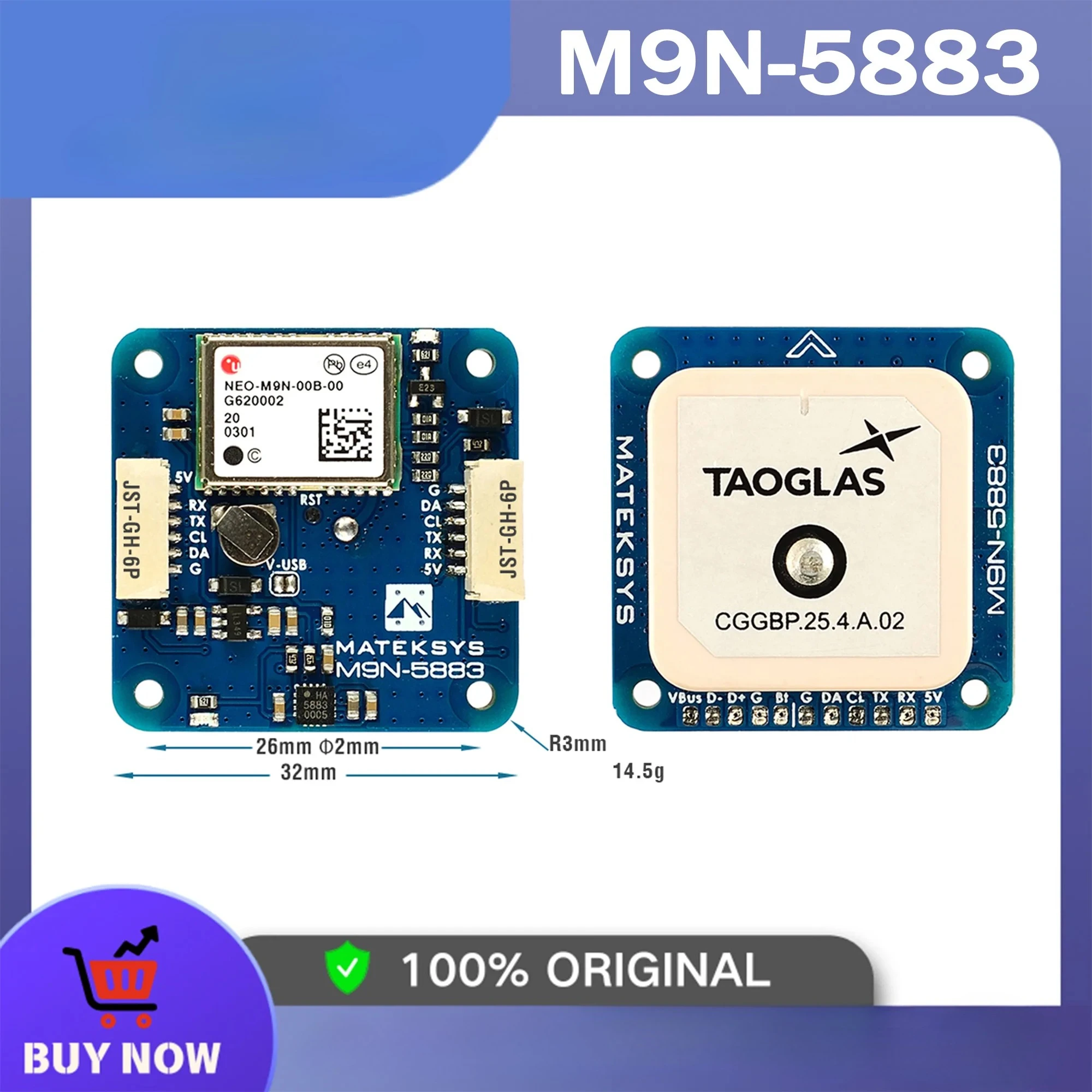MATEK GNSS & Compass M9N-5883 GPS GLONASS Galileo BeiDou QMC5883L 32x32x10mm 14.5g for Long Rang RC FPV Drone