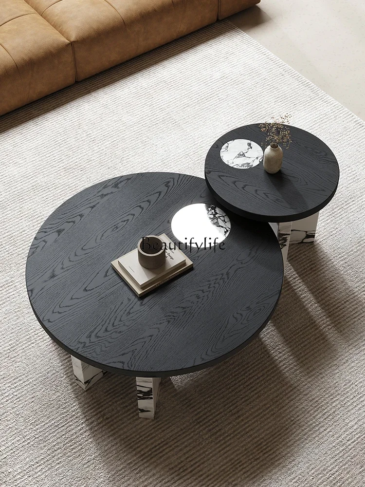 

yj19 Italian Style Round Coffee Table Modern Minimalist Living Room scandinavian Creative High-end Solid Wood Rock Plate Tea Tab