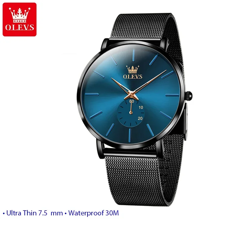 

OLEVS 9954 Men's Quartz Watch Ultra Thin 7.5mm Waterproof Minimalist Luminous Business Wristwatch with Mesh Strap
