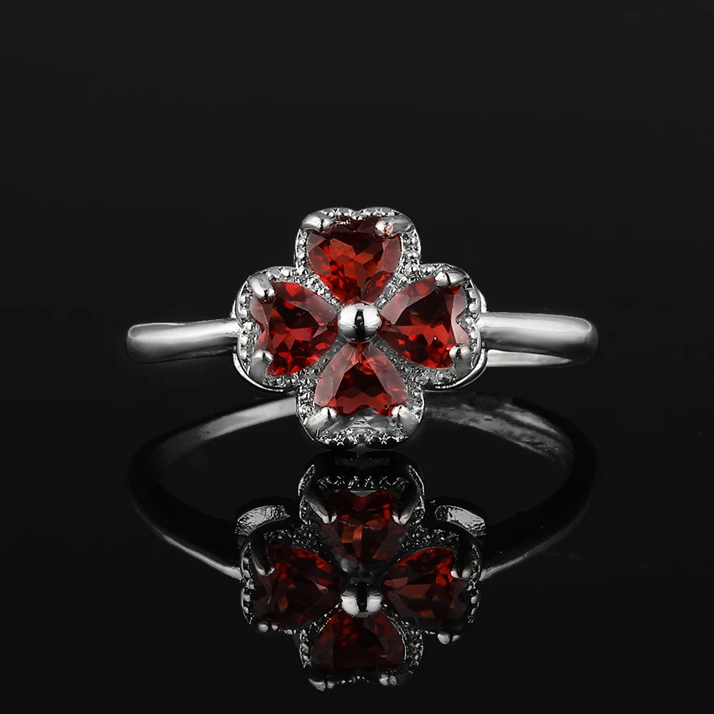 1pc100% natural garnet four-leaf Clover ring, suitable for women adjustable copper-plated 925 silver ring, for parties and gifts