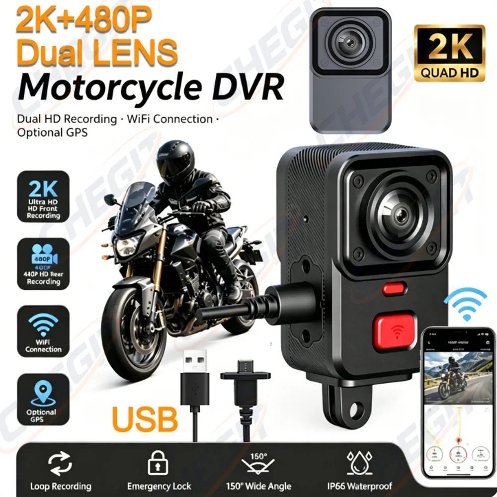 New Dual lens  Motorcycle Camera 2K+480P WIFI GPS HD DVR 170° Wide Angle Lens TypeC Loop Recording with GSensor WiFi Waterproof