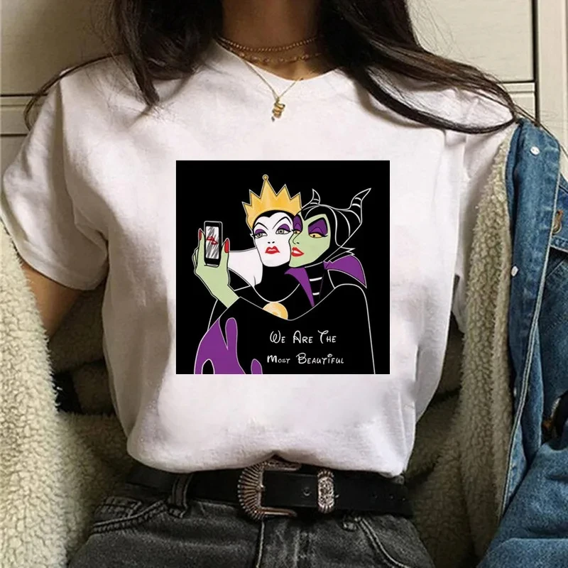 Disney Cute Cartoon Villains Queen Print Womens T-Shirt Street Breathable Short Sleeve Fashion Casual Clothes Cotton T-shirts