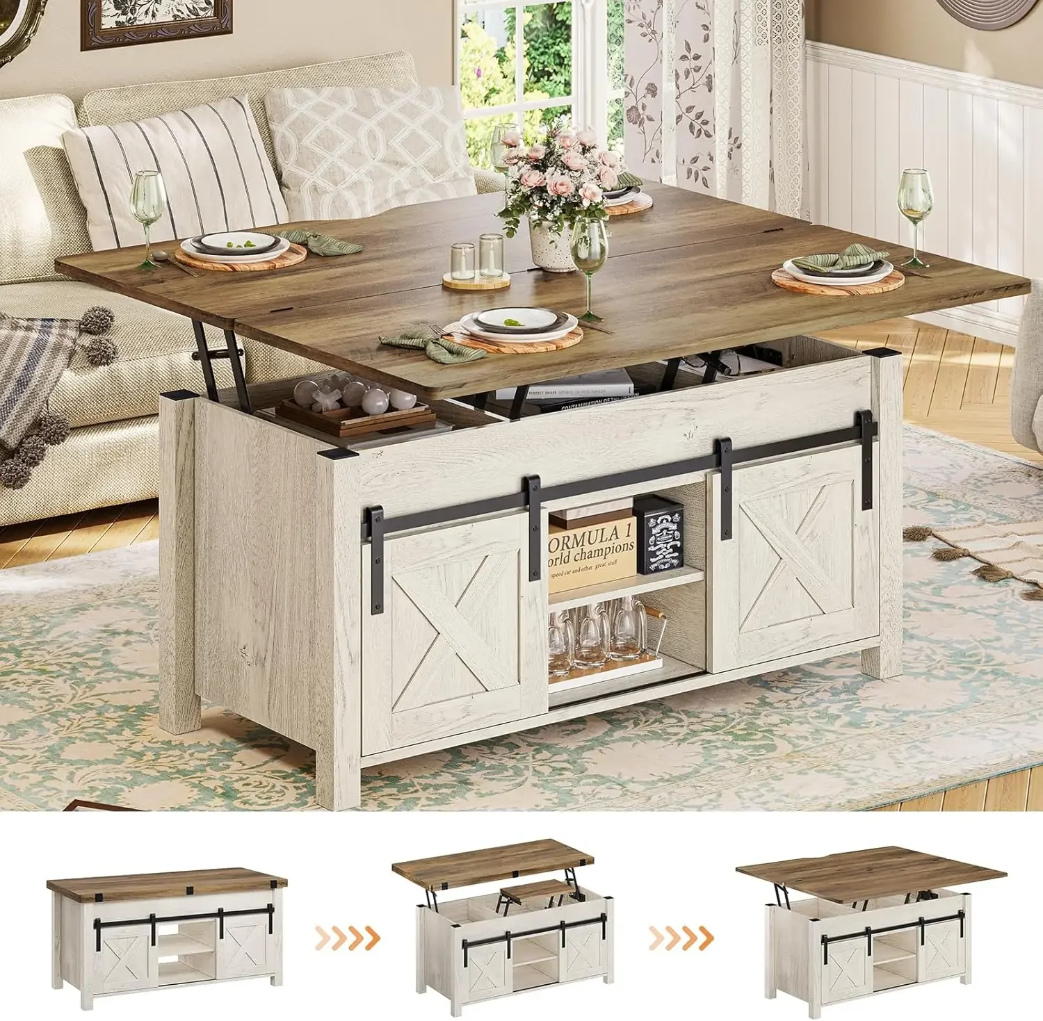 Lift Top Coffee Table, 4 in 1 Multi-Function Convertible Coffee Tables with Storage and Hidden Compartment, Farmhouse