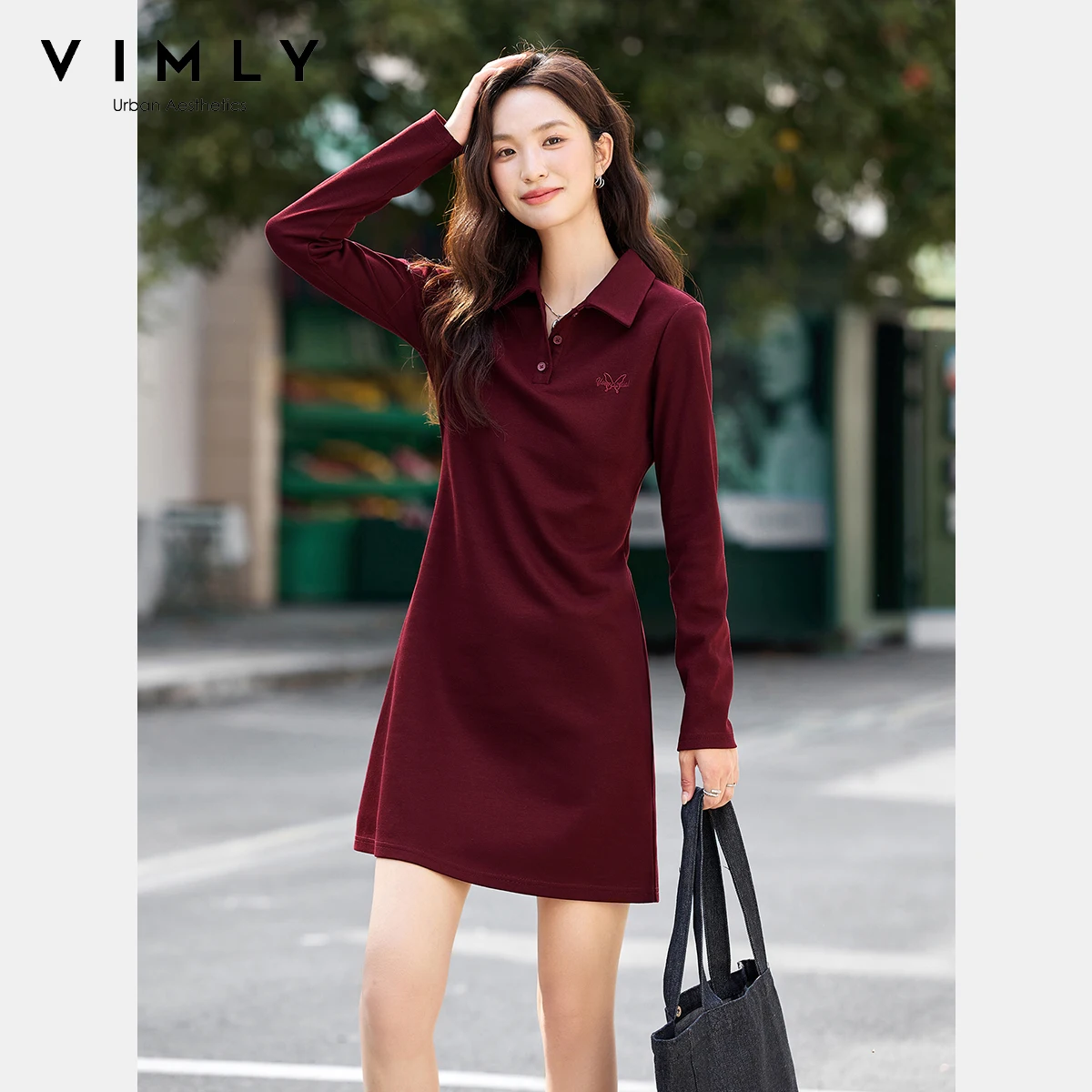 

VIMLY Women's Red Dresses Sporty Autumn2025 New Elegant Polo Neck Female Short Dress Letter Embroider A-line Ladies Dress A2237